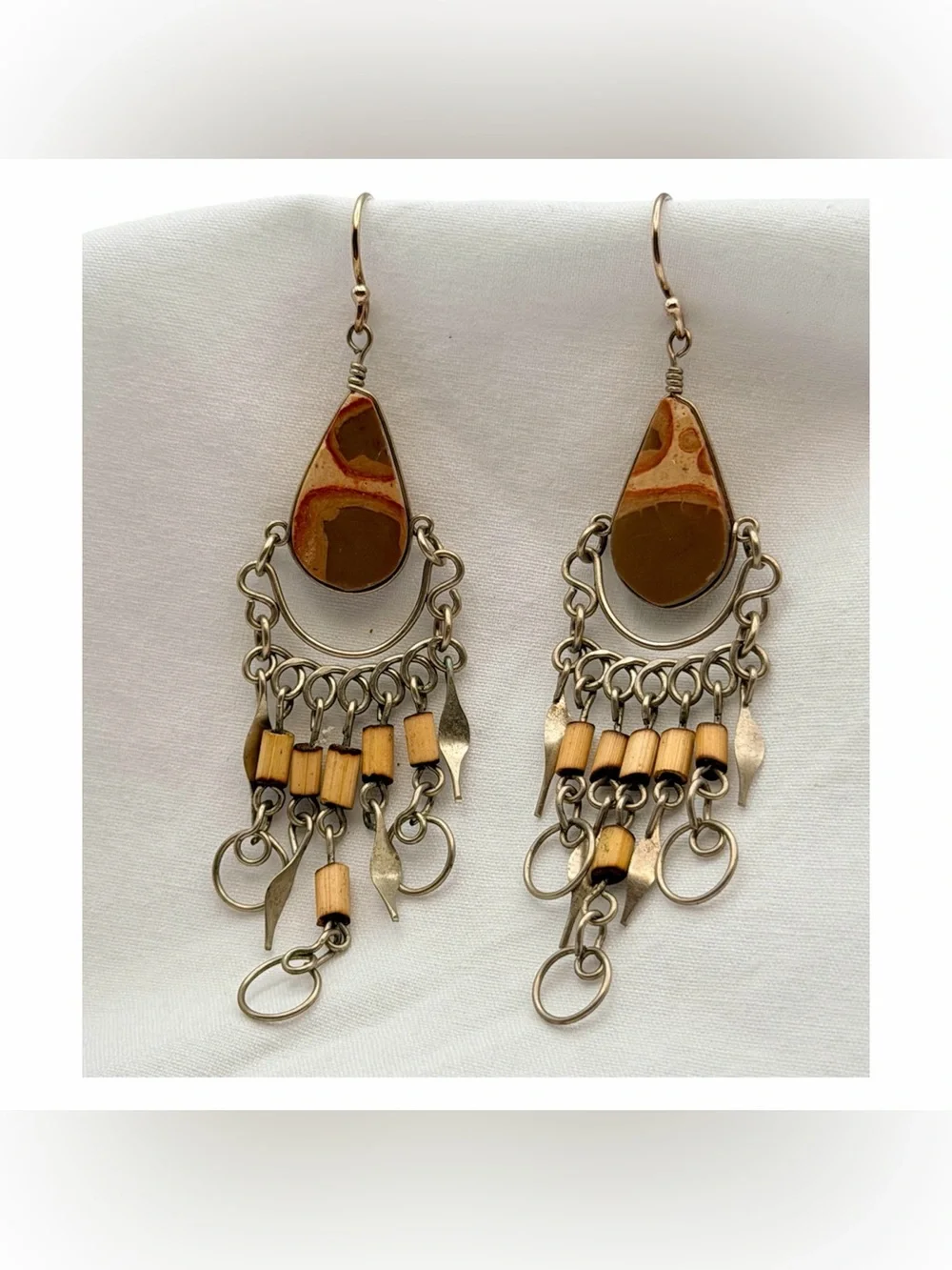 Handcrafted Picture-Jaspers Teardrop Dangle Chandelier Sterling Silver Earrings